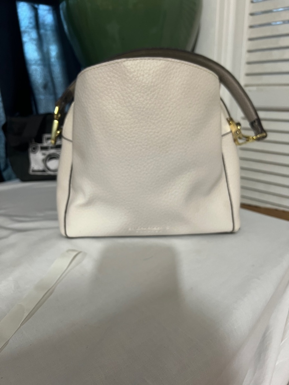 Sondra Roberts Cream Pebbled Leather Shoulder Bag with Brown Handle